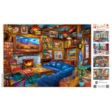 Cozy cabin interior with paintings, a glowing fireplace, and scattered paintbrushes 500 piece puzzle by Masterpieces