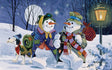 On the Road Again 300 Piece Jigsaw Puzzle by SunsOut featuring snowmen travelers and a dog in a winter scene.