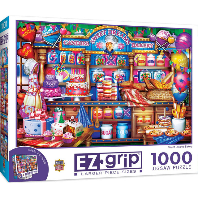 Sweet Dreams Bakery puzzle by Masterpieces showcasing vintage baking supplies and treats with EZ Grip and 1000 pieces