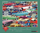 Classic car puzzle with colorful fins and chrome details