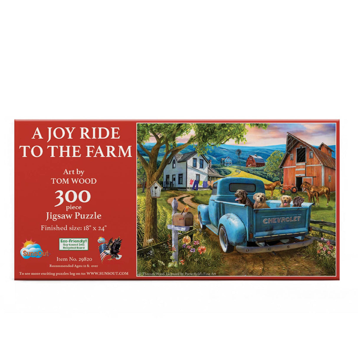 300 piece jigsaw puzzle of dogs in a truck by SunsOut, showcasing vibrant barns and countryside scenery