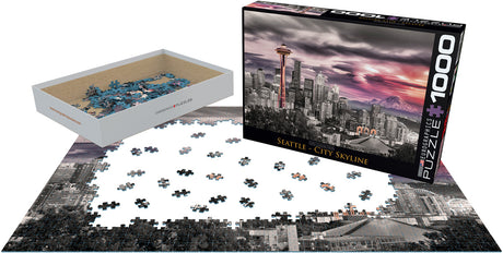 Seattle cityscape puzzle with iconic landmarks like Space Needle and Columbia Center