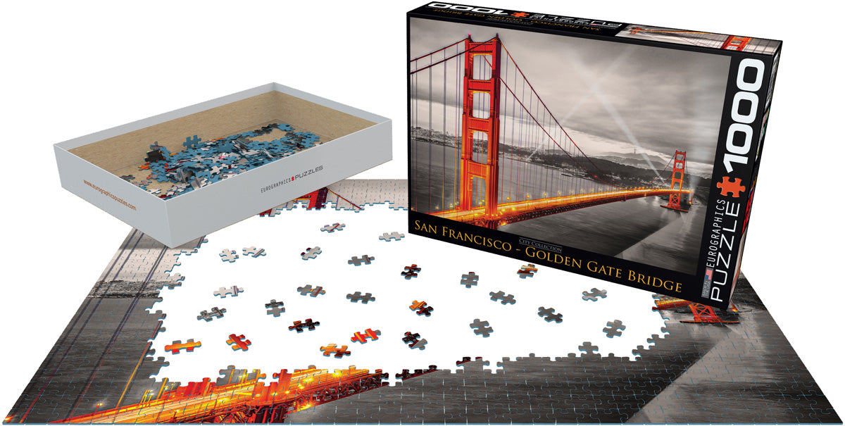 Completed 1000 piece puzzle of Golden Gate Bridge spanning across San Francisco Bay