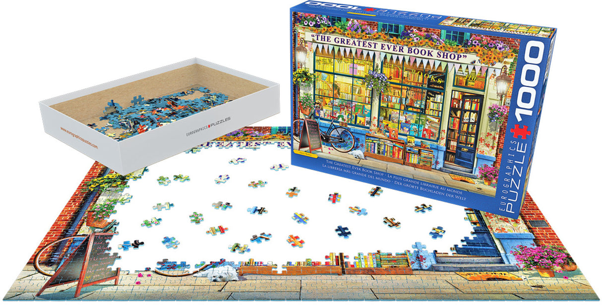 Completed 1000 piece bookstore puzzle with vibrant storefront and dog