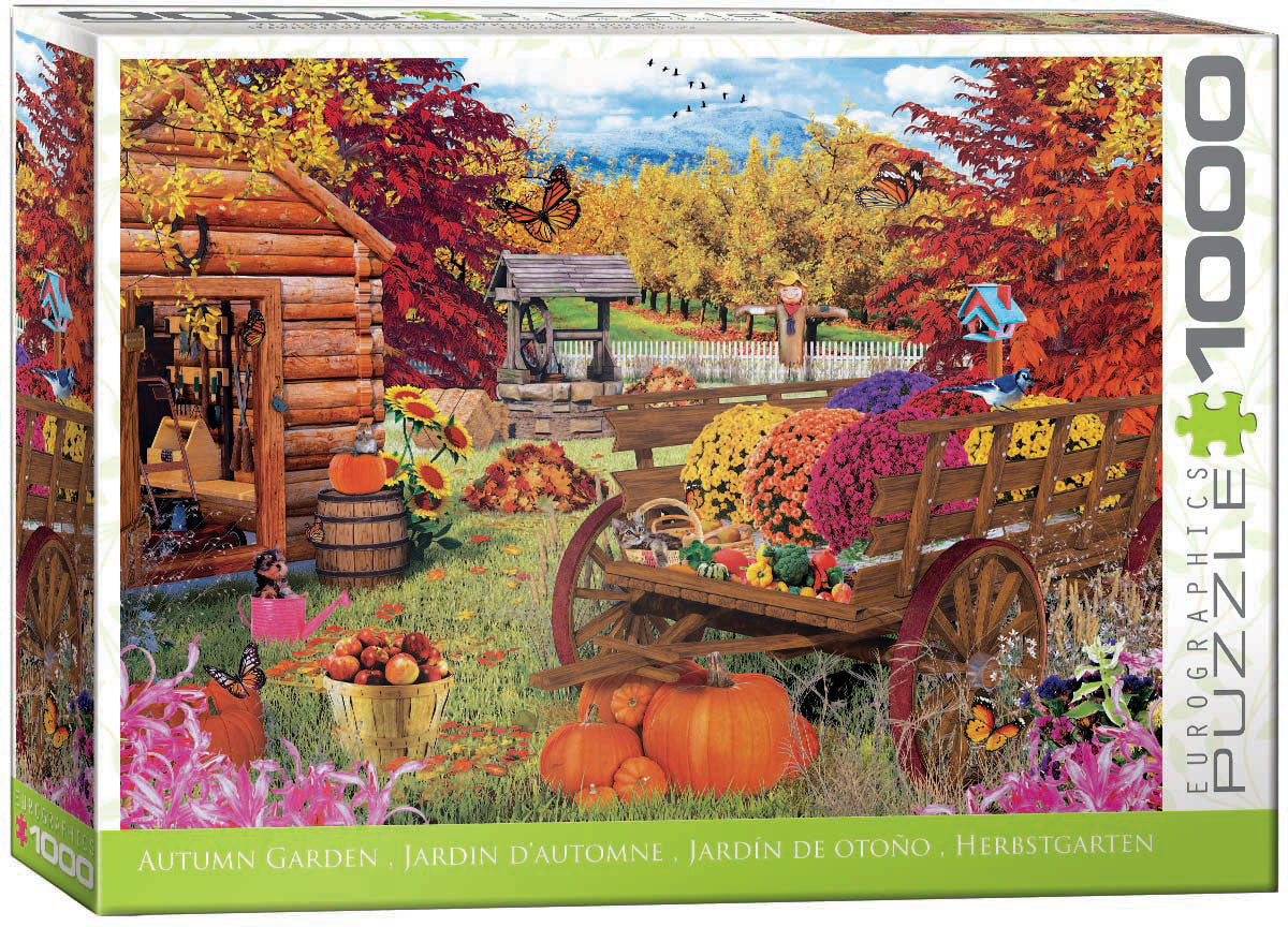 High-quality autumn-themed jigsaw puzzle with cabin and colorful garden