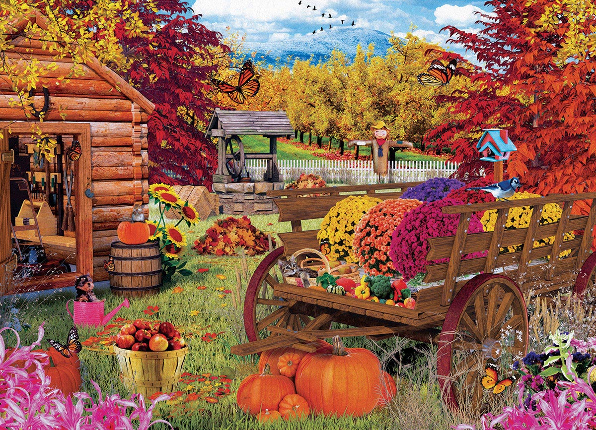 Autumn Garden 1000 piece jigsaw puzzle featuring log cabin and fall colors