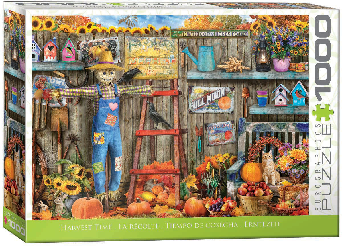 High-quality Eurographics autumn-themed jigsaw puzzle featuring pumpkins, birdhouses, and scarecrow