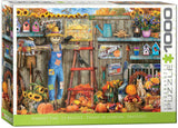 High-quality Eurographics autumn-themed jigsaw puzzle featuring pumpkins, birdhouses, and scarecrow