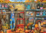 Harvest Time 1000 piece jigsaw puzzle featuring scarecrow and pumpkins