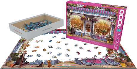 Completed Cups, Cakes & Company puzzle with cakes, flowers, and cats a 1000 piece puzzle