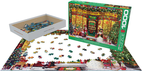 Completed Christmas Shop puzzle with snowman, reindeer, and holiday decor - 1000 piece puzzle by Eurographics