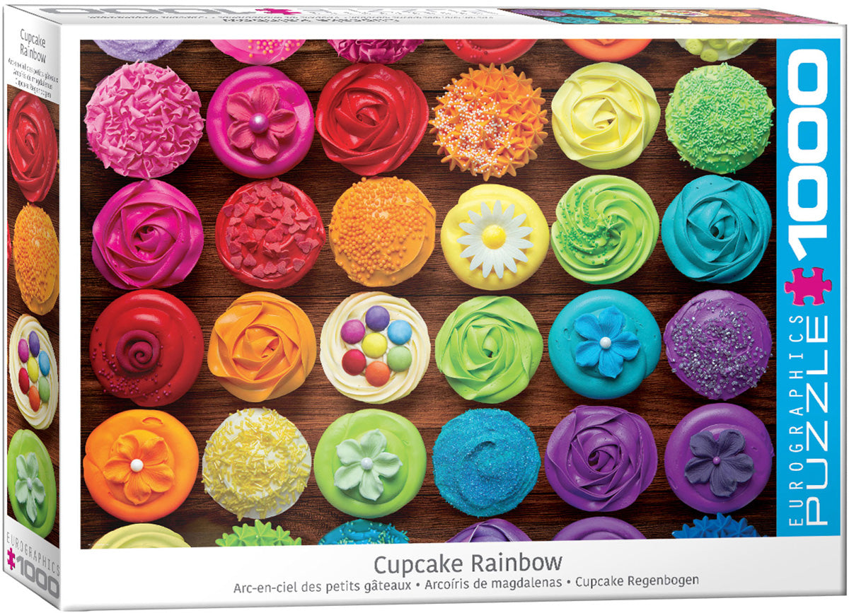 High-quality 1000 piece jigsaw puzzle by Eurographics with brightly decorated cupcakes arranged in a rainbow