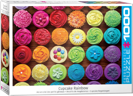 High-quality 1000 piece jigsaw puzzle by Eurographics with brightly decorated cupcakes arranged in a rainbow