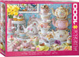 Eurgraphics Tea Time 1000 piece jigsaw puzzle is beautifully colored with delicate teacups and teach kettles.