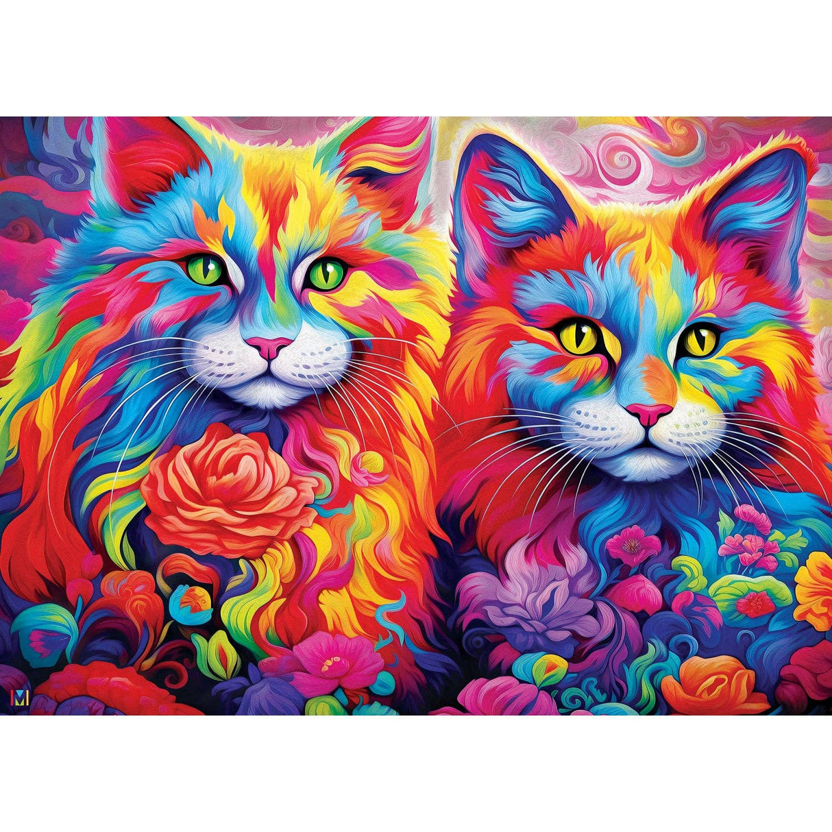 Completed Rainbow Whiskers puzzle showcasing two vibrant rainbow-colored kittens by Masterpieces