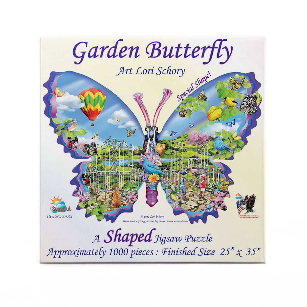 1000 piece butterfly-shaped jigsaw puzzle with garden flowers