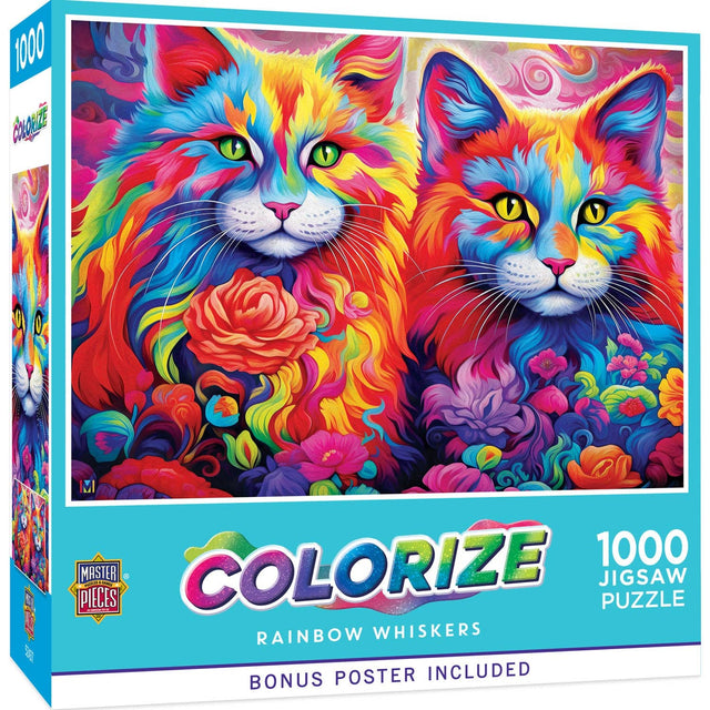 Box of the Rainbow Whiskers puzzle by Masterpieces, featuring colorful kitten illustrations with 1000 piece jigsaw puzzle