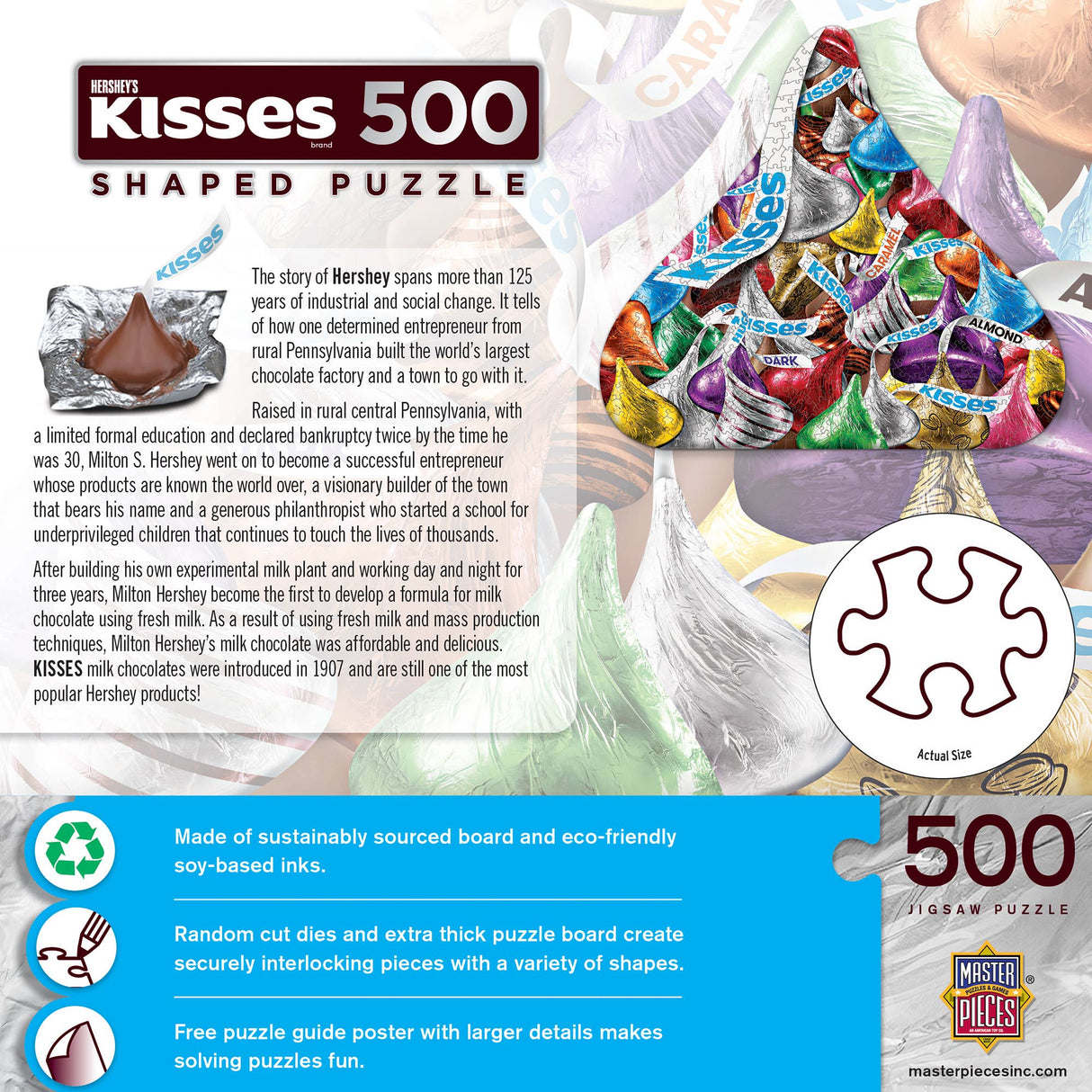 Eco-friendly label on the Hershey's Kisses puzzle box by Masterpieces highlighting recycled materials