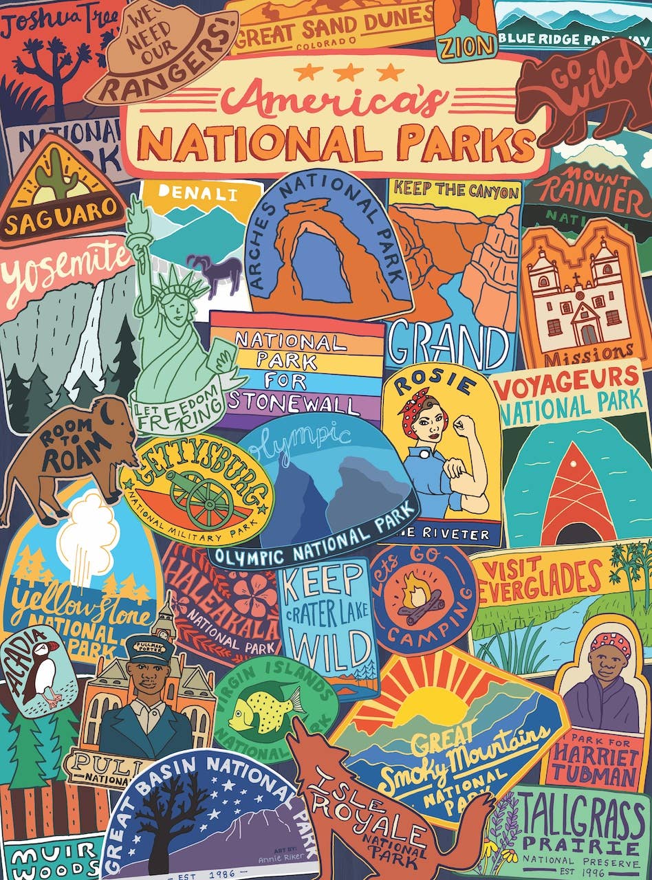 Adventure is Calling 1000-piece National Parks puzzle - vibrant stickers collage