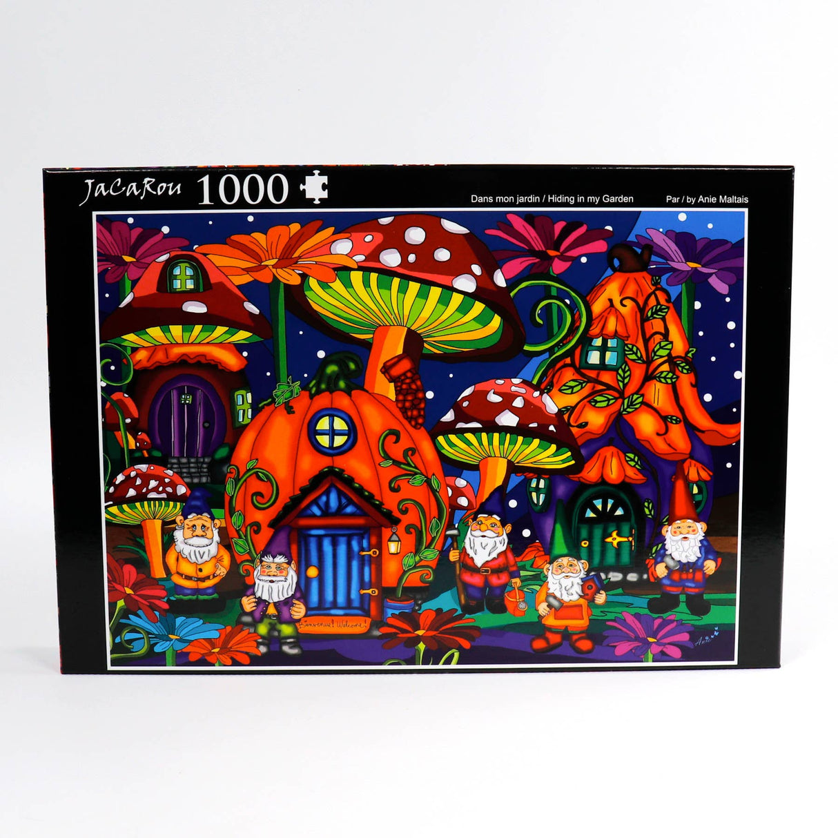 Fantasy-themed 1000 piece puzzle with vibrant garden and gnome design