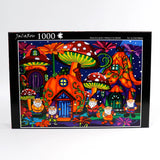 Fantasy-themed 1000 piece puzzle with vibrant garden and gnome design