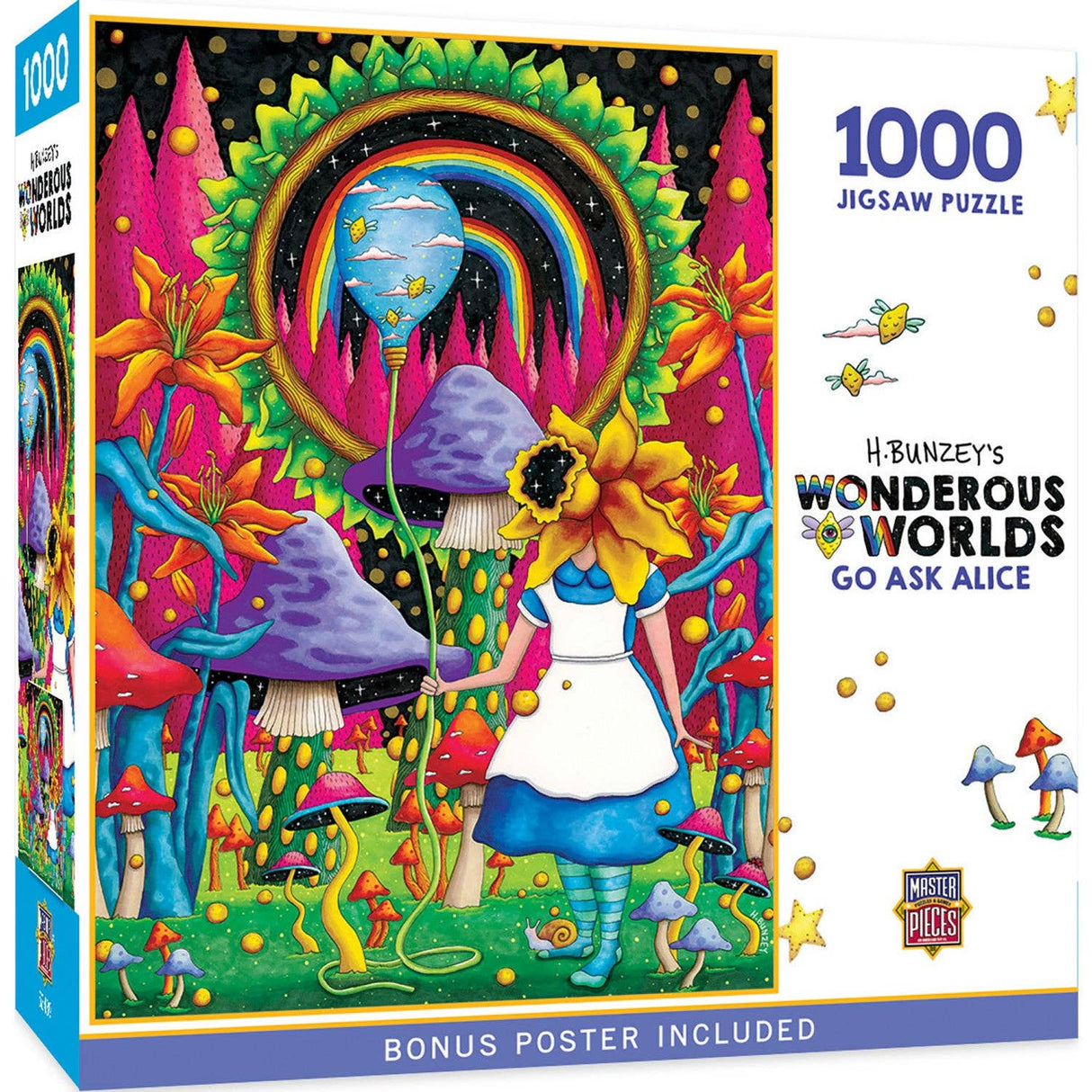 Box of the Go Ask Alice puzzle by Masterpieces, featuring colorful and psychedelic Alice in Wonderland artwork 1000 piece jigsaw puzzle