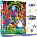 Box of the Go Ask Alice puzzle by Masterpieces, featuring colorful and psychedelic Alice in Wonderland artwork 1000 piece jigsaw puzzle