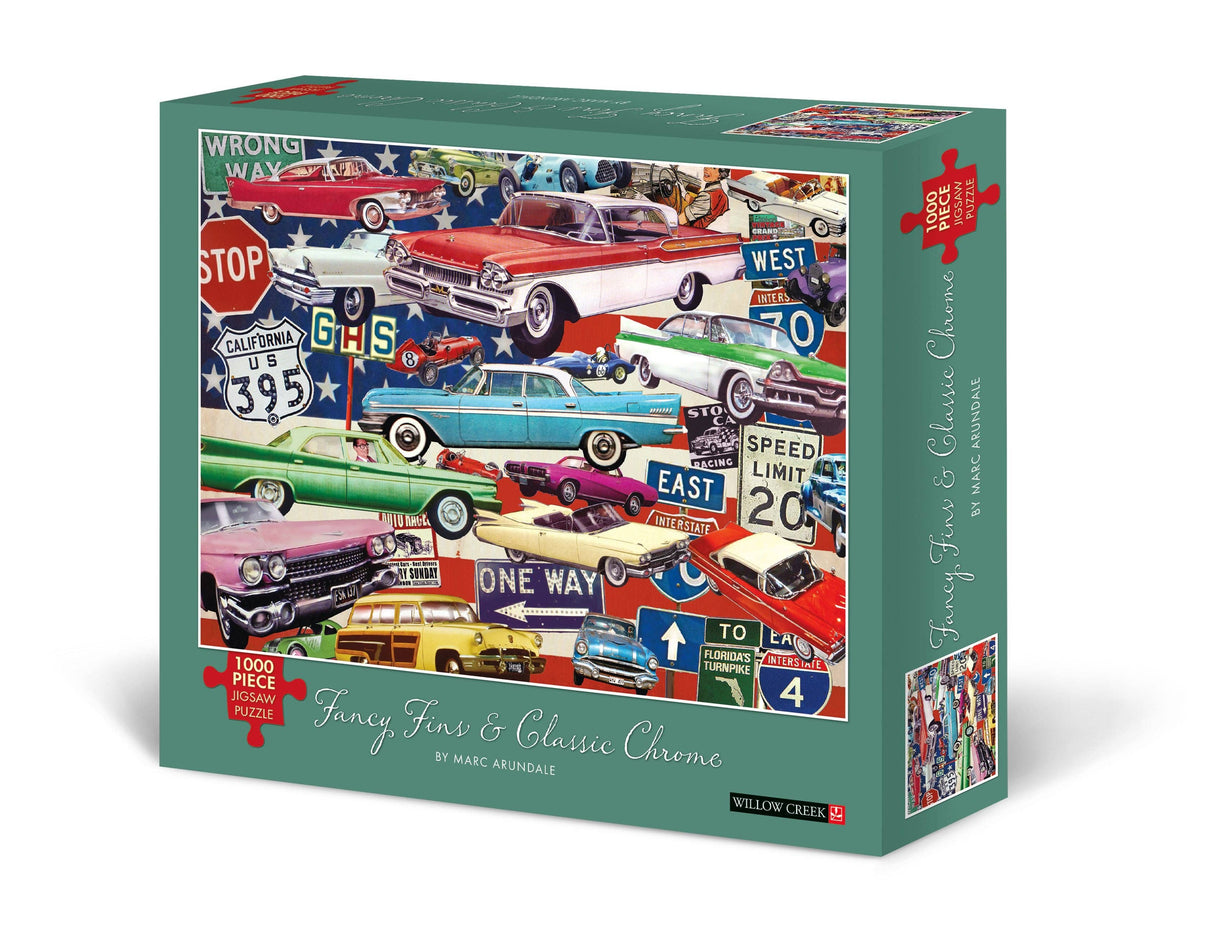 Fancy Fins and Classic Chrome 1000 piece puzzle featuring classic 1950s cars