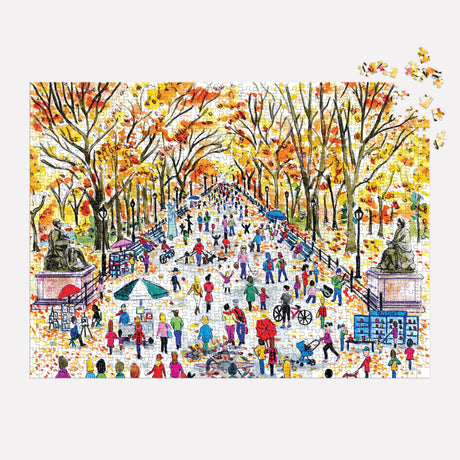 Close-up of Fall in Central Park puzzle pieces with colorful autumn leaves and Central Park scene by Galison with 1000 pieces