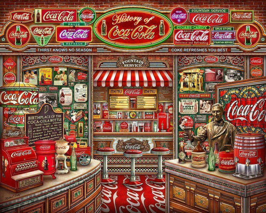 Coca-Cola History 1000 piece puzzle by Springbok featuring retro diner scene with Coca-Cola memorabilia