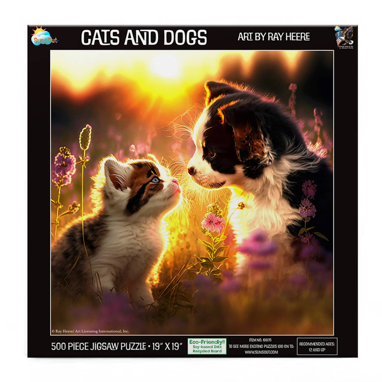 500 piece jigsaw puzzle of kitten and puppy by SunsOut, showcasing vibrant colors and sunset background.