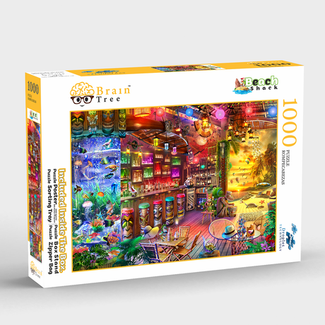 Brain Tree Puzzle of a tiki bar and a beach shack. Colorful 1000 piece puzzle with detail