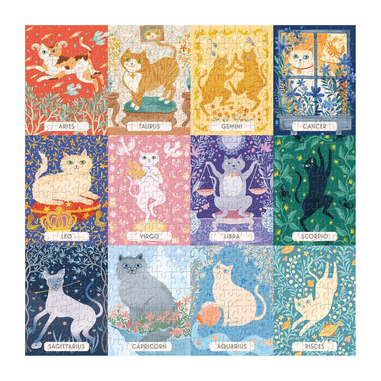 Completed Cat Zodiac puzzle by Galkson with 500 pieces showing all 12 zodiac signs illustrated as cats