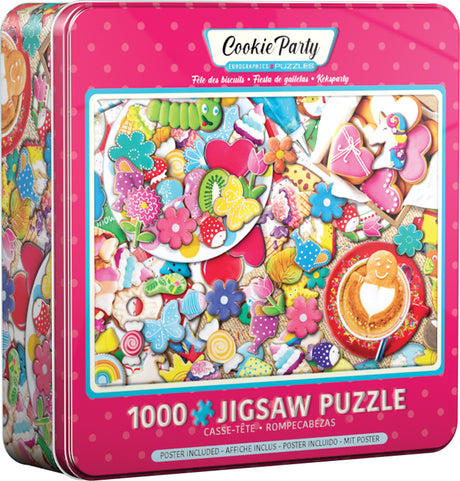 EuroGraphics Cookie Party 1000-piece jigsaw puzzle pieces in tin