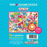 Collectible tin and pieces of the Cookie Party jigsaw puzzle