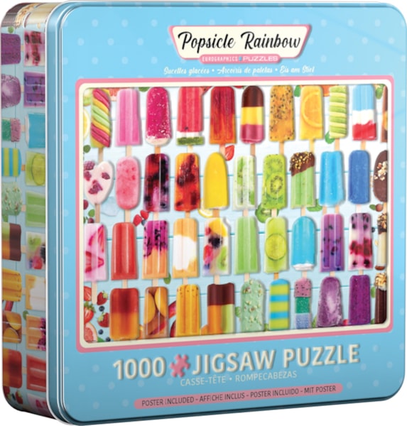 1000 piece jigsaw puzzle of colorful popsicles in a collectible tin. Great for gifts or for yourself!