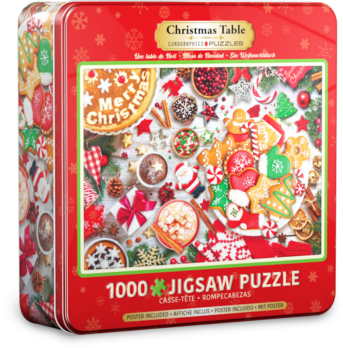 Collectible tin and pieces of the Christmas Table jigsaw puzzle