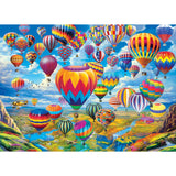 Completed Hot Air Balloon Festival puzzle showcasing the vibrant balloons against a mountain backdrop by Masterpieces