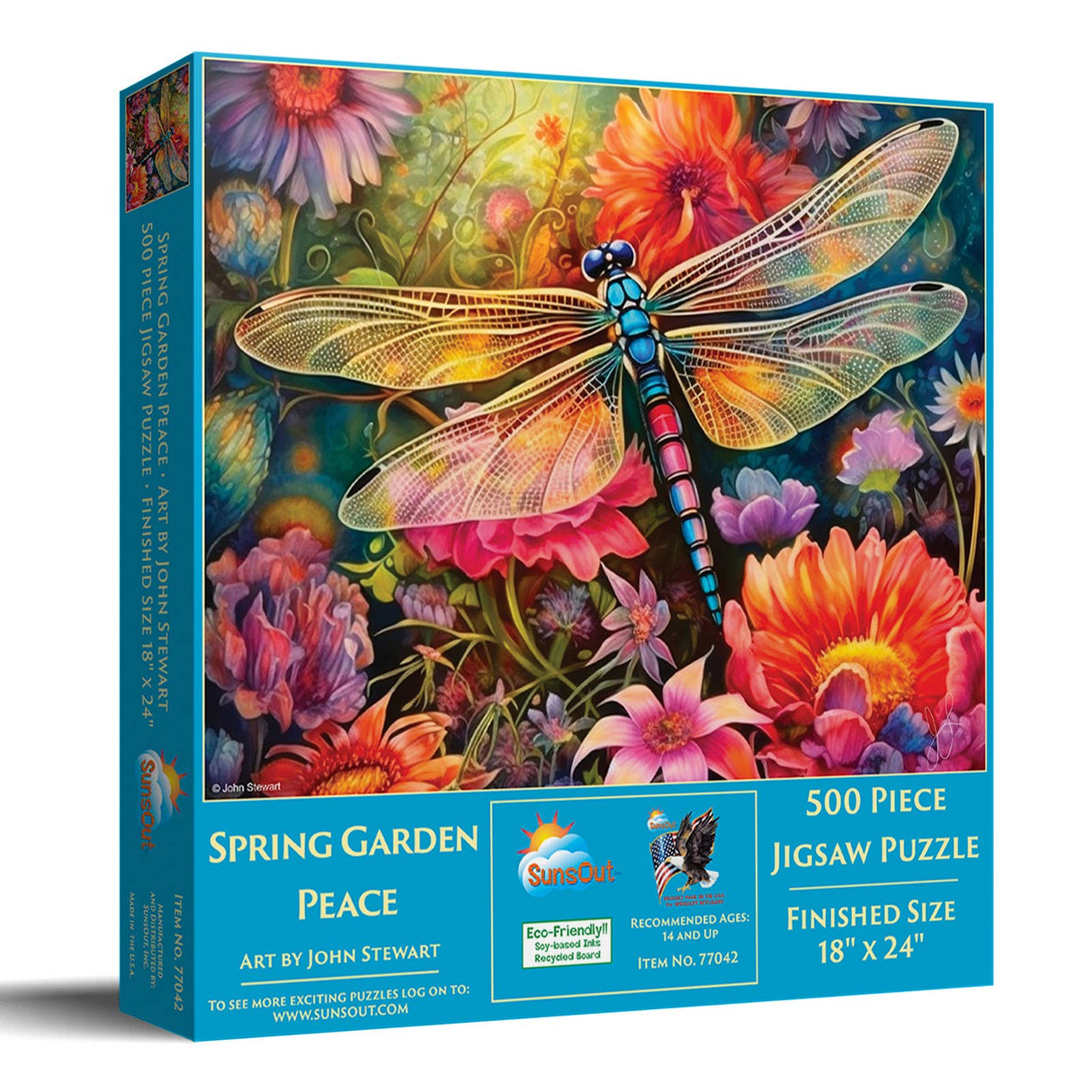 Vibrant garden scene with dragonfly in 500 piece jigsaw puzzle