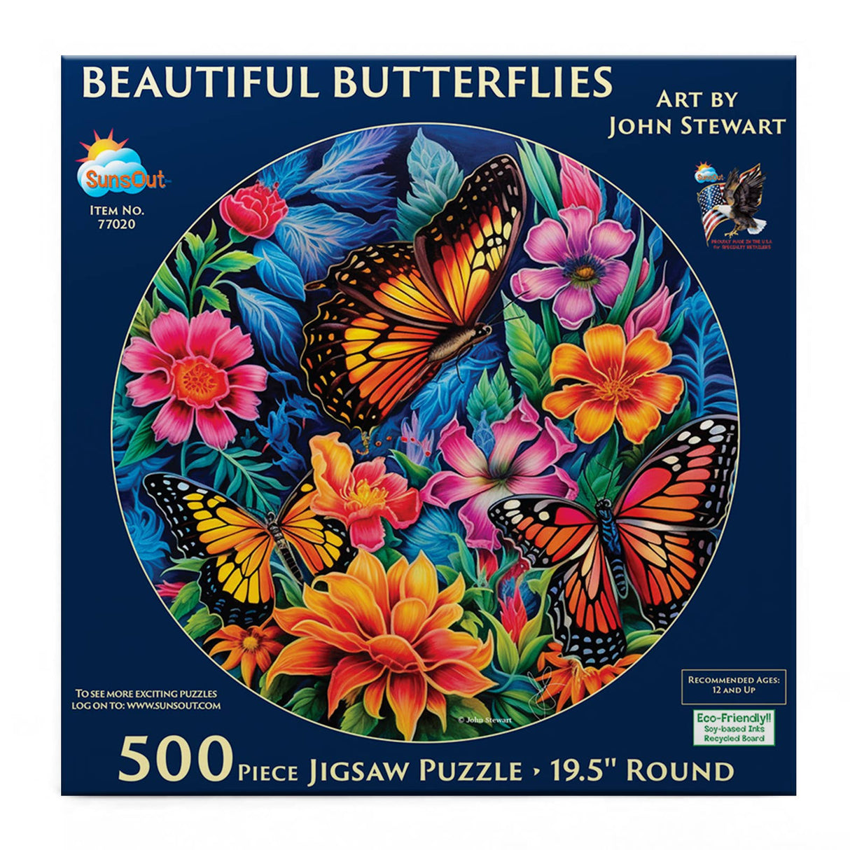 Close-up of Beautiful Butterflies Jigsaw Puzzle with vibrant flowers and monarch butterflies by artist John Stewart.