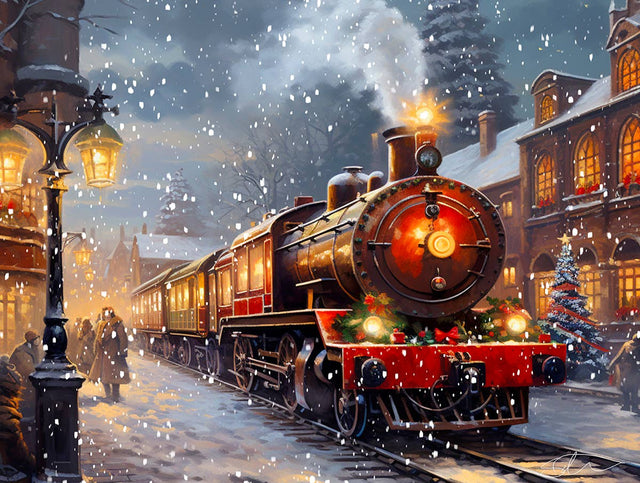 Train Through the City 500 Piece Jigsaw Puzzle by SunsOut featuring a train navigating through a snowy cityscape.