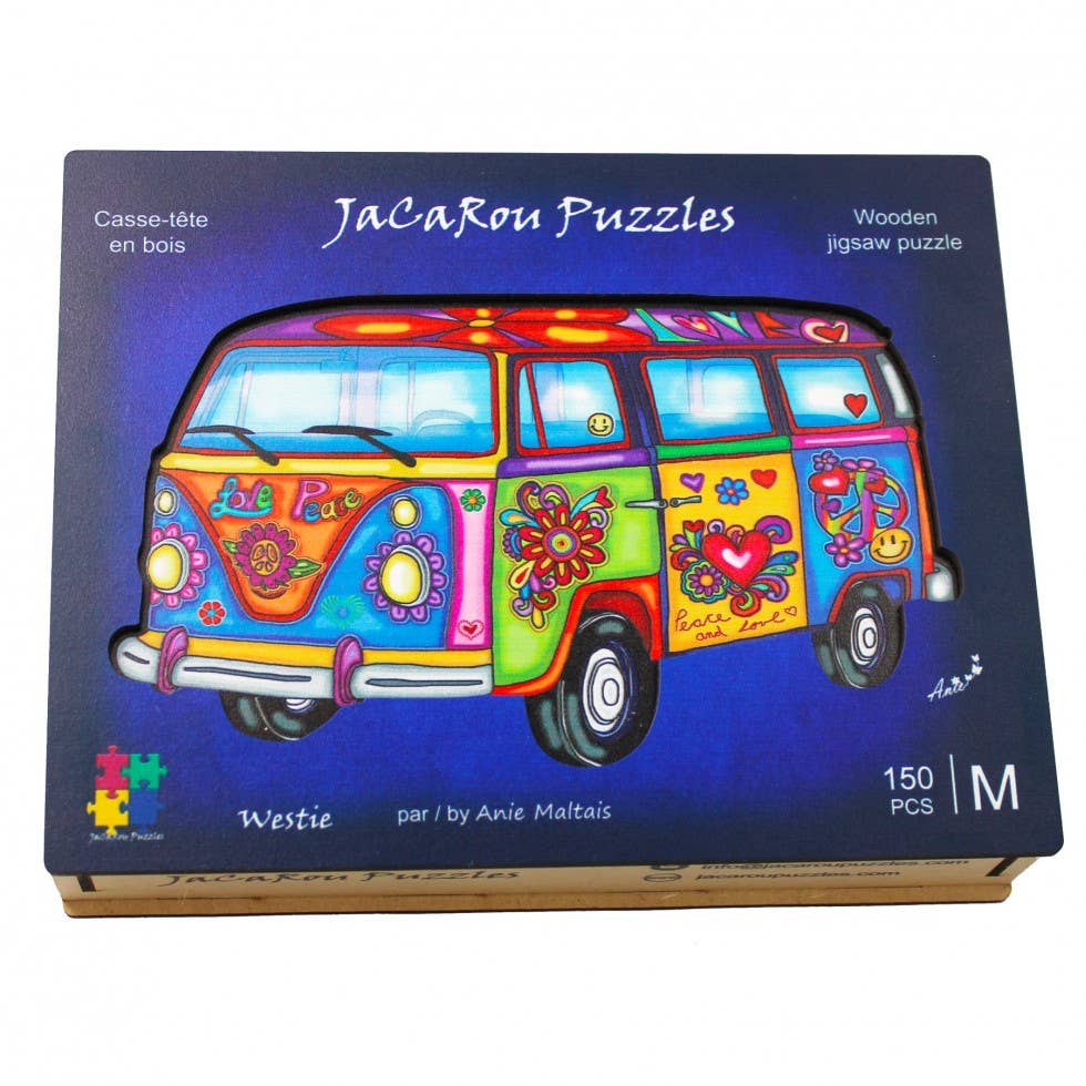 Wooden VW Westfalia jigsaw puzzle with laser-cut pieces and no straight edges