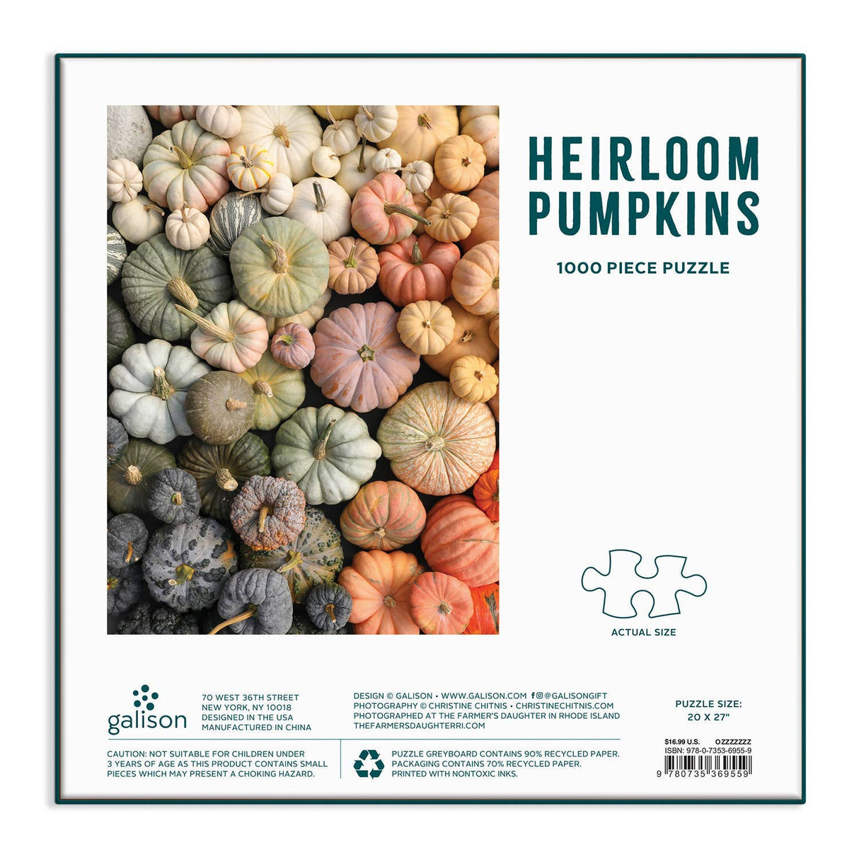 Eco-friendly Heirloom Pumpkins puzzle by Galison packaged in matte-finish box featuring fall-themed design