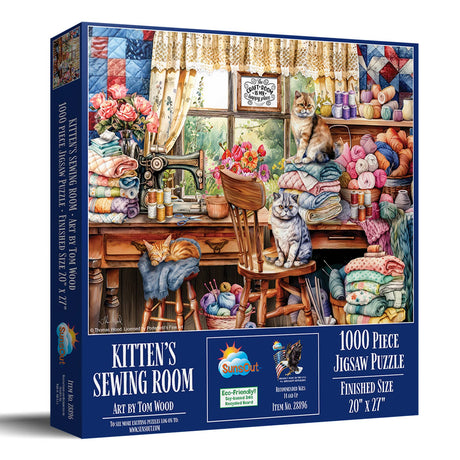 Charming jigsaw puzzle with kittens and a sewing room setting by Tom Wood