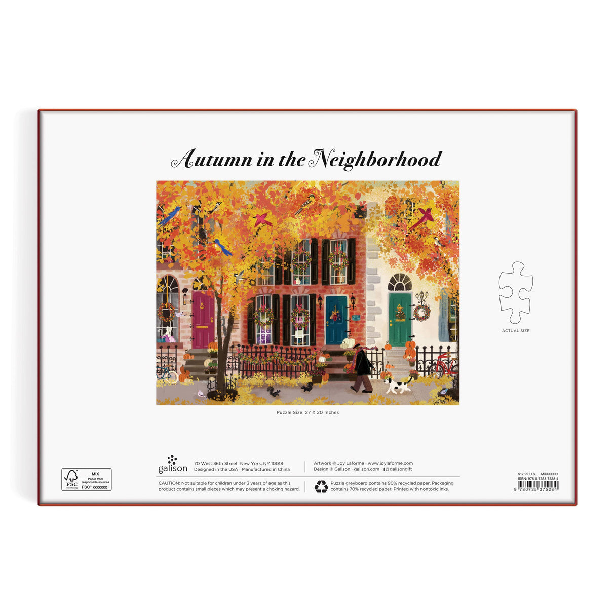 Back of Galison puzzle box featuring a warm autumn neighborhood design