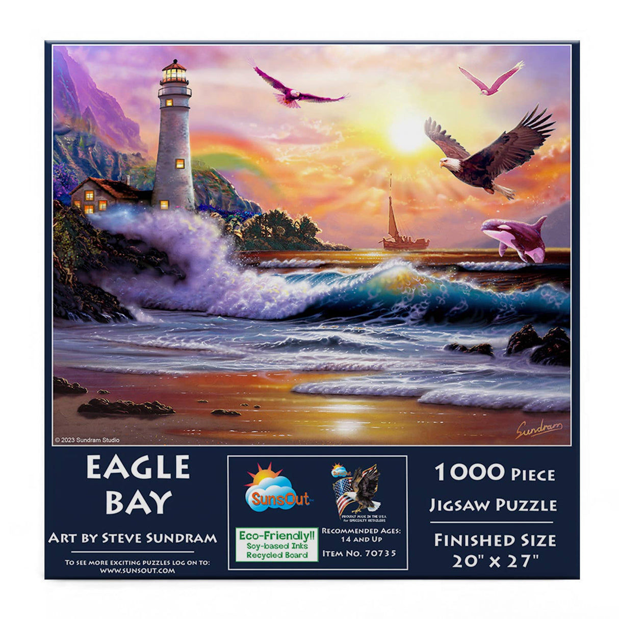 Vibrant coastal scene with eagles, killer whales, and a lighthouse