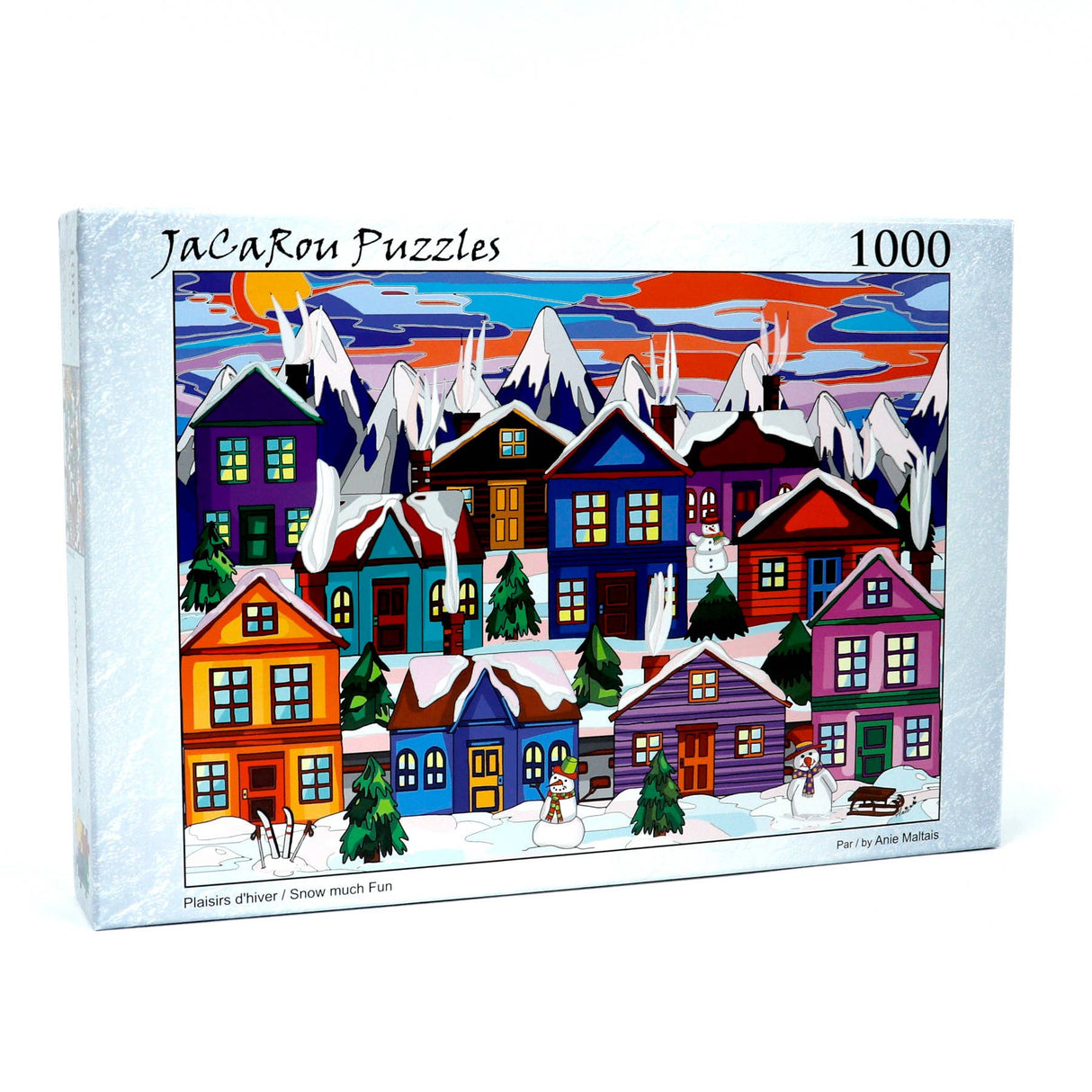 1000 piece jigsaw puzzle with a charming winter village and snowmen