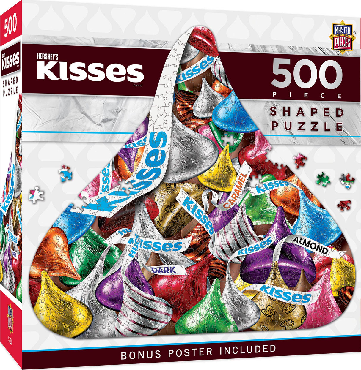 Box of the Hershey's Kisses 500-piece shaped puzzle by Masterpieces with completed puzzle image