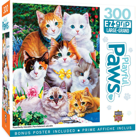 Adorable cat puzzle with 300 pieces. Larger piece puzzle with EZ Grip pieces. Cat puzzle is cute and fun.