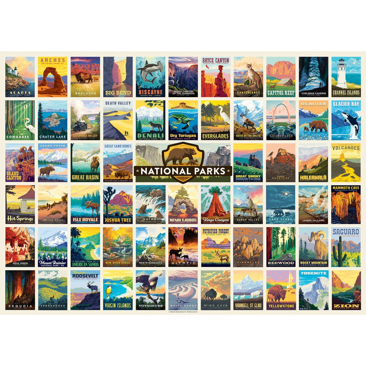 Completed National Parks puzzle showcasing illustrated posters of all 63 U.S. National Parks by Masterpieces